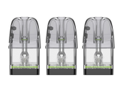 Drei transparente Uwell Caliburn GPP Alpha Ersatzpods mit schwarzer Basis in einer Reihe.