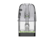Transparenter Uwell Caliburn GPP Alpha Ersatzpod mit schwarzer Basis und grünen Akzenten.
