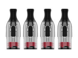 Vier transparente Vaporesso ECO One Mesh T-Pods mit schwarzen Mundstücken und roter Basis.