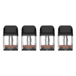 Vier Vaporesso XROS Mesh Pods mit schwarzen Kappen und transparenten Tanks.