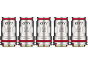 Fünf silberne Vaporesso GTi Dual Mesh Verdampferköpfe mit roten Dichtungsringen in einer Reihe.