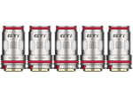 Fünf silberne Vaporesso GTi Dual Mesh Verdampferköpfe mit roten Dichtungsringen in einer Reihe.