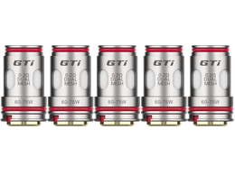 Fünf silberne Vaporesso GTi Dual Mesh Verdampferköpfe mit roten Dichtungsringen in einer Reihe.
