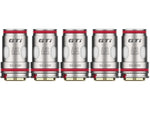 Fünf Vaporesso GTi Dual Mesh Verdampferköpfe mit 0,4 Ohm Widerstand und roten Dichtungsringen.