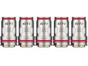 Fünf Vaporesso GTi Dual Mesh Verdampferköpfe mit 0,4 Ohm Widerstand und roten Dichtungsringen.
