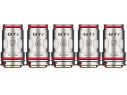 Fünf Vaporesso GTi Dual Mesh Verdampferköpfe mit 0,4 Ohm Widerstand und roten Dichtungsringen.